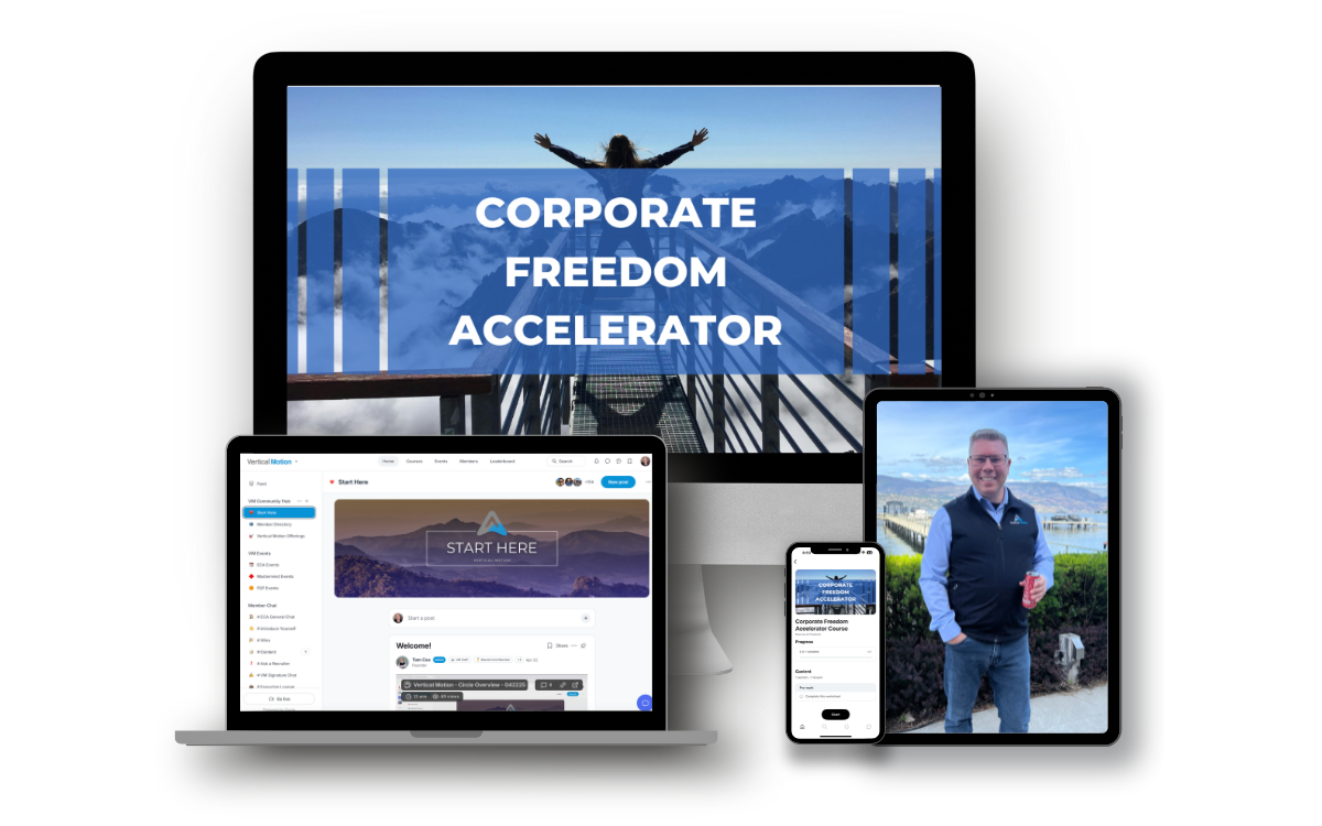 The Corporate Freedom Accelerator program shown on desktop, laptop, tablet, and phone