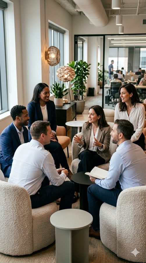 Professionals collaborating in a modern office