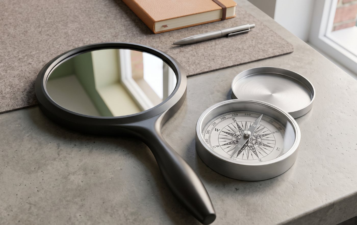 A hand mirror and a compass resting on a desk