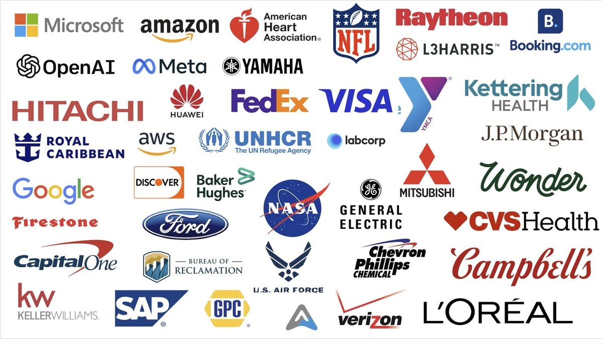 Logos of companies our members come from, including Microsoft, Amazon, Raytheon, Google and NASA